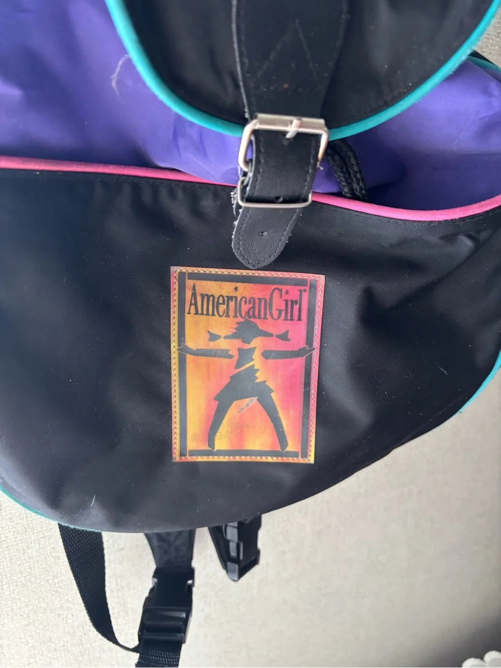 American Girl Black Backpack with Purple and Teal Accents